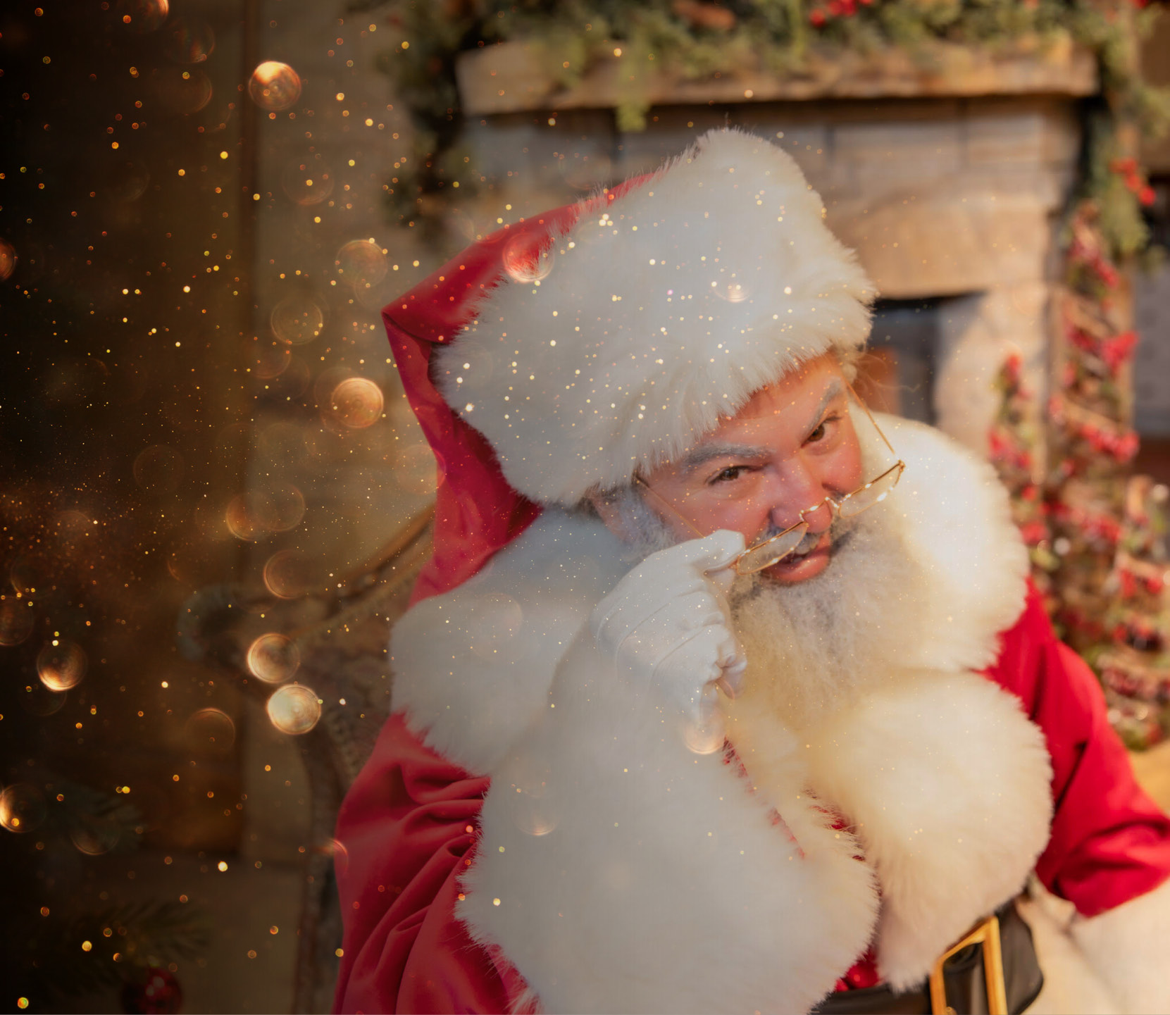 A person dressed in a Santa Claus costume with glasses is sitting near a decorated Christmas tree and a fireplace adorned with holiday greenery.

Description generated by AI
